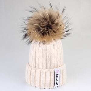 Cream Beanie with Racoon Fur Pom